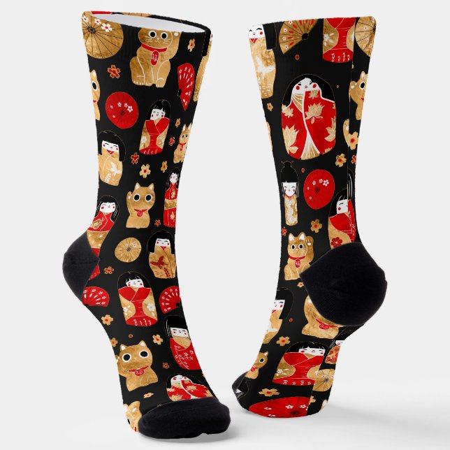 Japanese Dolls - Kokeshi and Maneki Neko Cats Socks (Angled)