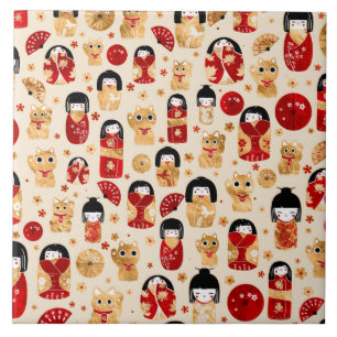 Japanese Dolls - Kokeshi and Maneki Neko Cats Tile