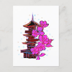 Japanese Doodle: The Pagoda's Serene Beauty Postcard