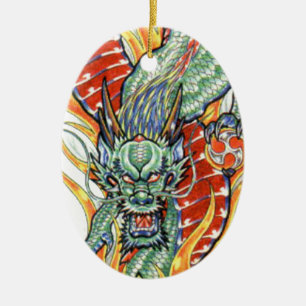 Japanese Dragon and Lotus Flower Ceramic Tree Decoration