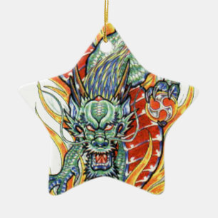 Japanese Dragon and Lotus Flower Ceramic Tree Decoration