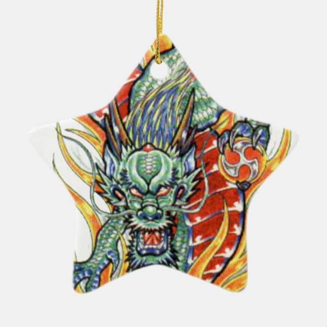 Japanese Dragon and Lotus Flower Ceramic Tree Decoration (Front)
