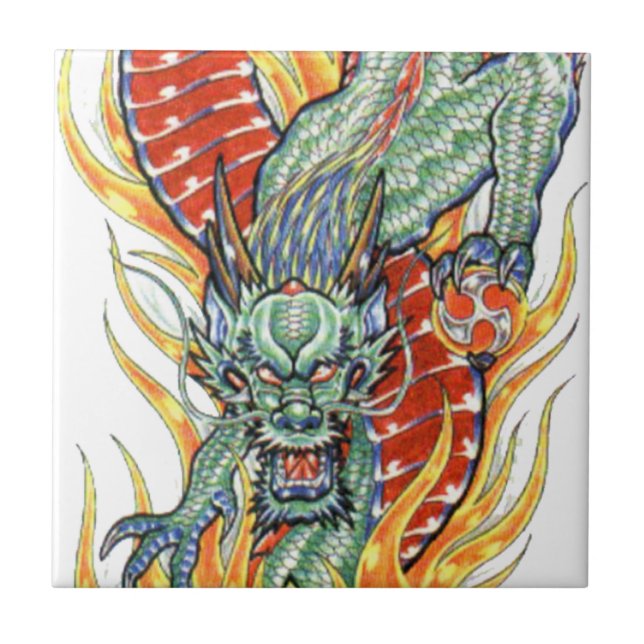 Japanese Dragon and Lotus Flower Tile (Front)