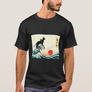 Japanese Dragon Cat Wave Art Mythical Black Cat Su T-Shirt