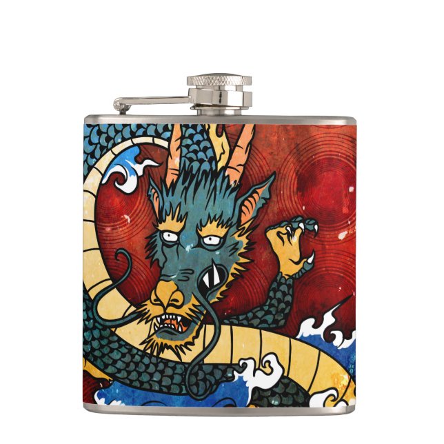Japanese Dragon - Good Fortune Hip Flask (Front)