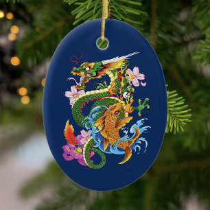 Japanese Dragon Koi Lotus Mythical Asian Blue Ceramic Tree Decoration