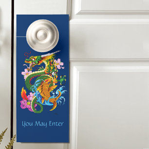 Japanese Dragon Koi Lotus Mythical Asian Blue Door Hanger