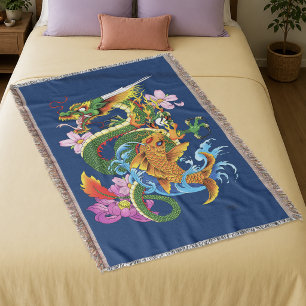 Japanese Dragon Koi Lotus Mythical Asian Blue Throw Blanket