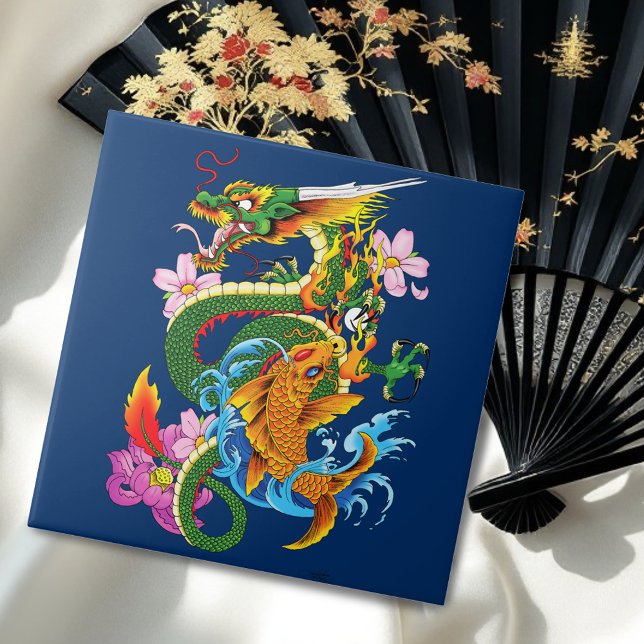 Japanese Dragon Koi Lotus Mythical Asian Blue Tile (Creator Uploaded)