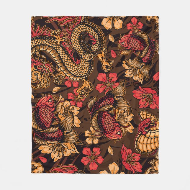 Japanese dragon koi pattern. fleece blanket (Front)