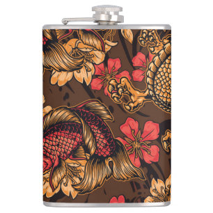 Japanese dragon koi pattern. hip flask