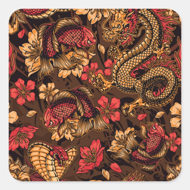 Japanese dragon koi pattern. square sticker (Front)