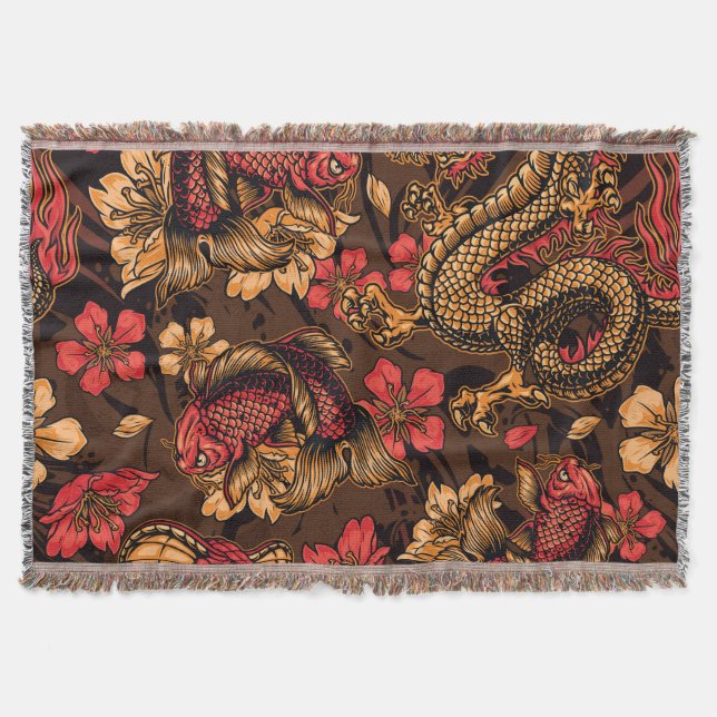 Japanese dragon koi pattern. throw blanket (Front)