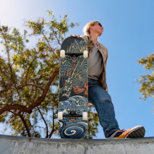 Japanese Dragon Over Turbulent Waves Art Skateboard