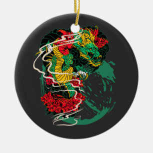 Japanese Dragon Peony Traditional Tattoo Art Ceramic Tree Decoration