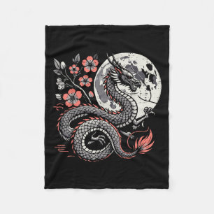 Japanese Dragon Sakura Moon Cherry Blossom Men Wom Fleece Blanket