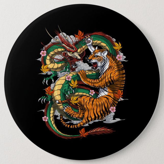 Japanese Dragon Tiger Battle 6 Cm Round Badge (Front)