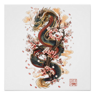 Japanese Dragon with Cherry Blossoms Sakura Myth Poster