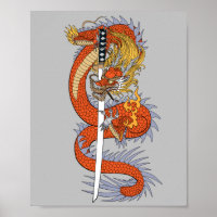 Japanese dragon with katana sword 