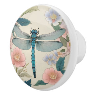 Japanese Dragonfly Art Pastel Green & Pink Floral Ceramic Knob
