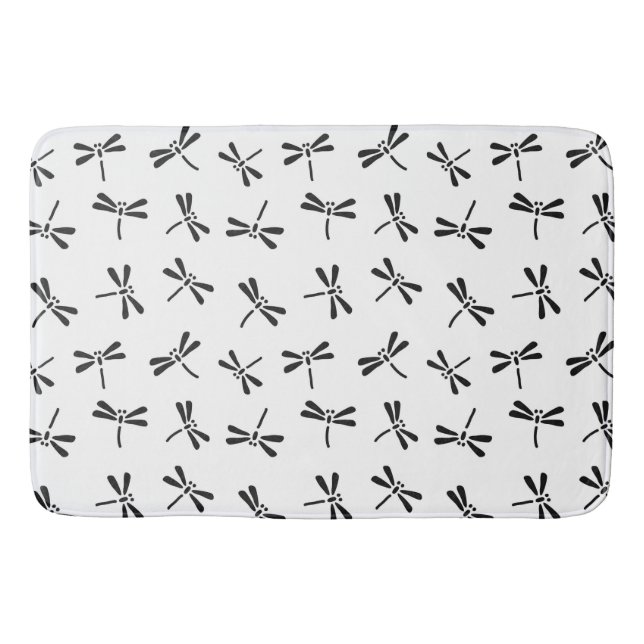 Japanese Dragonfly Pattern, Black and White Bath Mat (Front)
