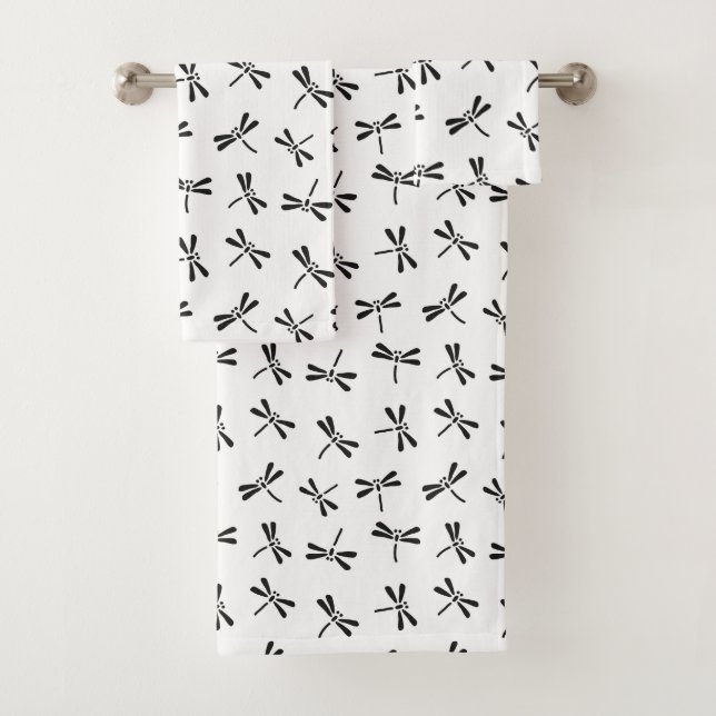 Japanese Dragonfly Pattern, Black and White Bath Towel Set (Insitu)