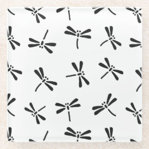 Japanese Dragonfly Pattern, Black and White Glass Coaster