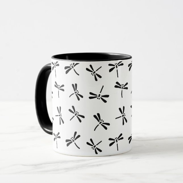 Japanese Dragonfly Pattern, Black and White Mug (Front Left)