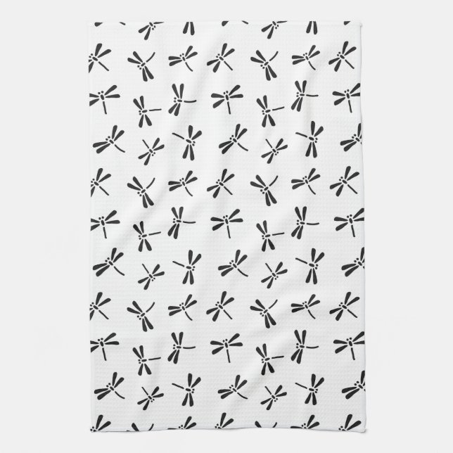 Japanese Dragonfly Pattern, Black and White Tea Towel (Vertical)
