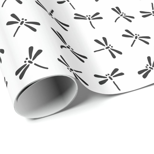 Japanese Dragonfly Pattern, Black and White Wrapping Paper (Roll Corner)