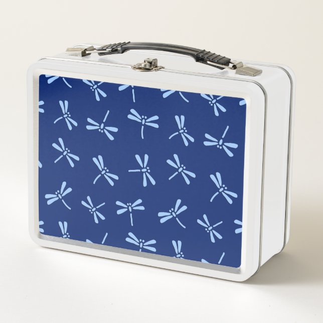 Japanese Dragonfly Pattern, Cobalt and Sky Blue Metal Lunch Box (Front)