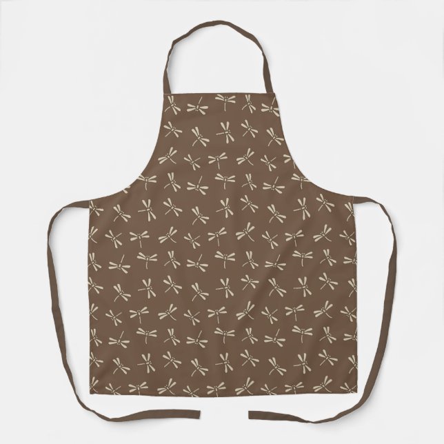 Japanese Dragonfly Pattern, Cream and Taupe Tan Apron (Front)