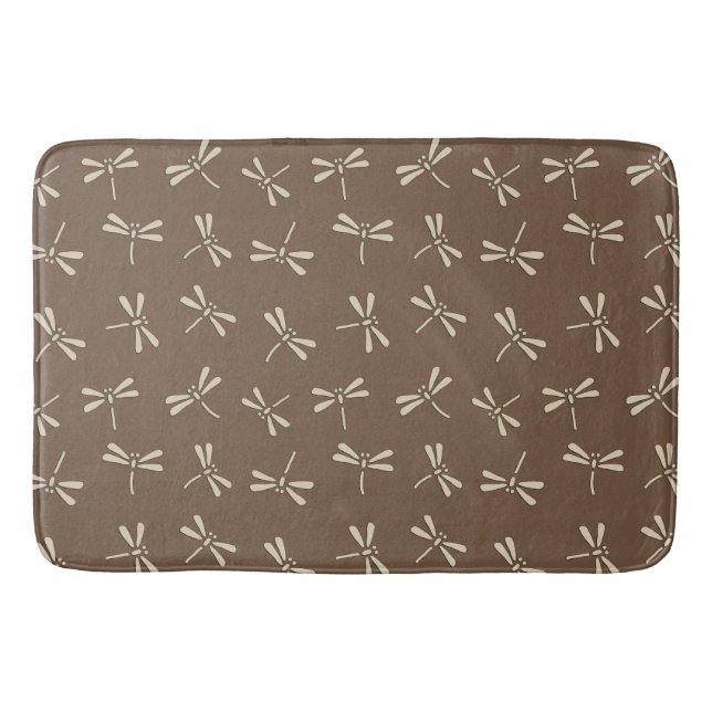 Japanese Dragonfly Pattern, Cream and Taupe Tan Bath Mat (Front)