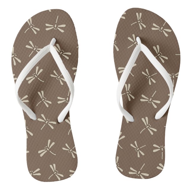 Japanese Dragonfly Pattern, Cream and Taupe Tan Flip Flops (Footbed)