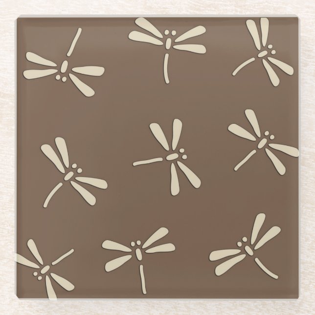 Japanese Dragonfly Pattern, Cream and Taupe Tan Glass Coaster (Front)