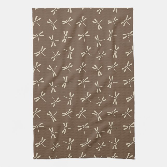 Japanese Dragonfly Pattern, Cream and Taupe Tan Tea Towel (Vertical)
