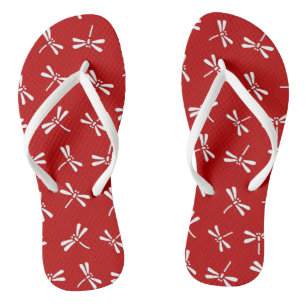 Japanese Dragonfly Pattern, Deep Red and White Flip Flops