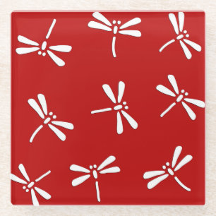Japanese Dragonfly Pattern, Deep Red and White Glass Coaster