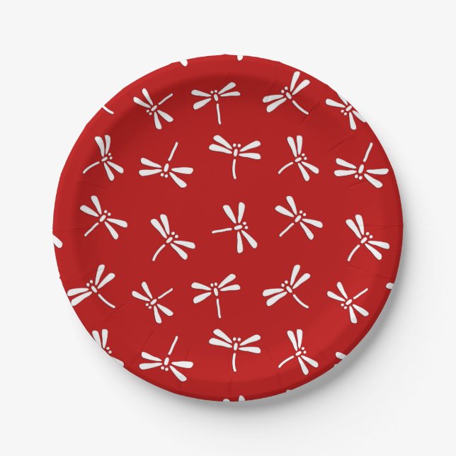 Japanese Dragonfly Pattern, Deep Red and White Paper Plate (Front)
