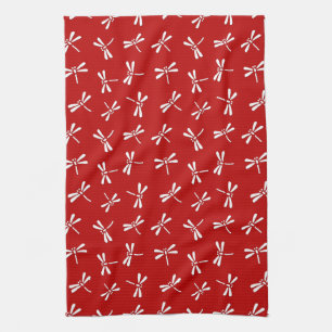 Japanese Dragonfly Pattern, Deep Red and White Tea Towel