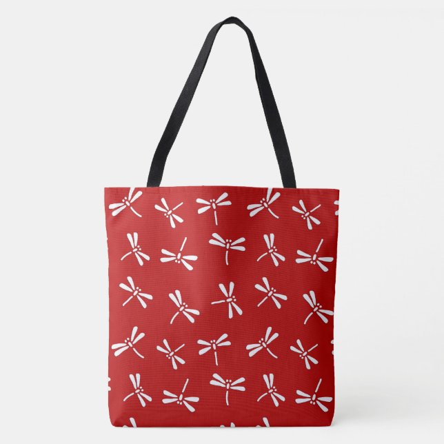 Japanese Dragonfly Pattern, Deep Red and White Tote Bag (Front)