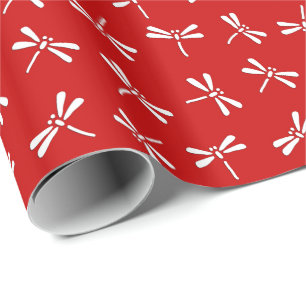 Japanese Dragonfly Pattern, Deep Red and White Wrapping Paper