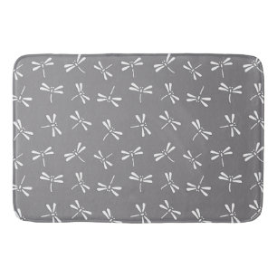 Japanese Dragonfly Pattern, Grey / Gray and White Bath Mat
