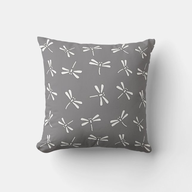 Japanese Dragonfly Pattern, Grey / Grey and White Cushion (Front)