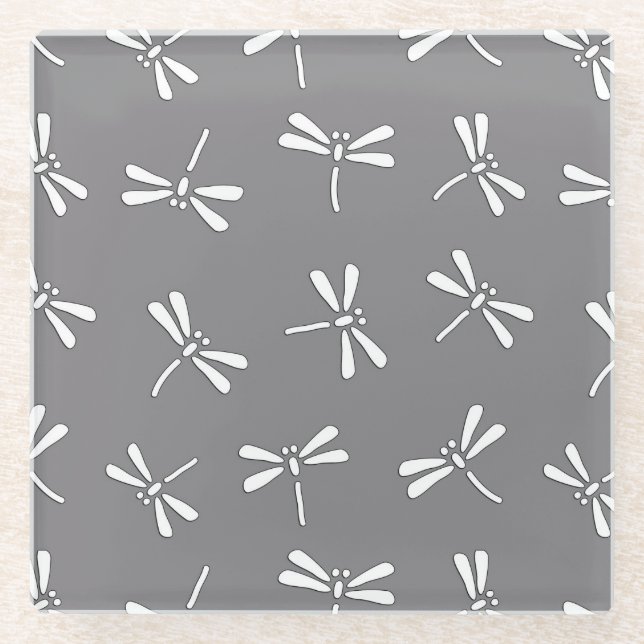 Japanese Dragonfly Pattern, Grey / Grey and White Glass Coaster (Front)