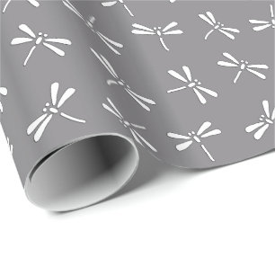 Japanese Dragonfly Pattern, Grey / Grey and White Wrapping Paper