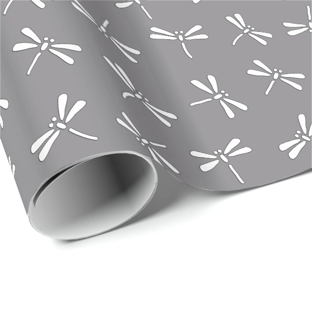 Japanese Dragonfly Pattern, Grey / Grey and White Wrapping Paper (Roll Corner)