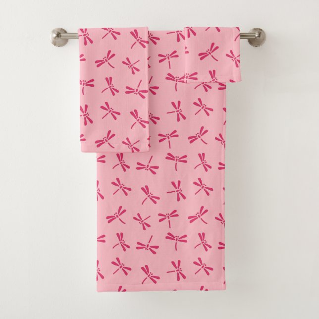 Japanese Dragonfly Pattern, Light Coral Pink Bath Towel Set (Insitu)