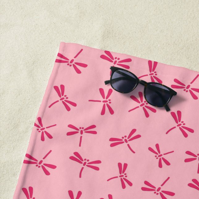 Japanese Dragonfly Pattern, Light Coral Pink Beach Towel (In Situ)