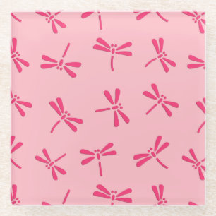 Japanese Dragonfly Pattern, Light Coral Pink Glass Coaster